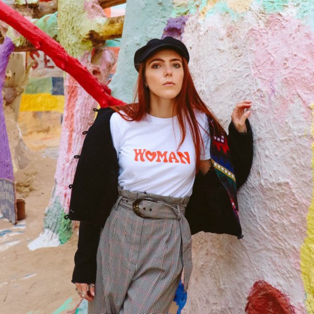 WOMAN tee- classic red on white; women empowerment